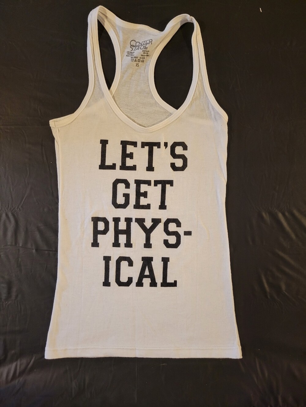 White Racerback Tank Top with Black Text - LET'S GET PHYSICAL